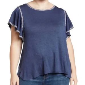 Max Studio white stitched edge with flutter sleeve